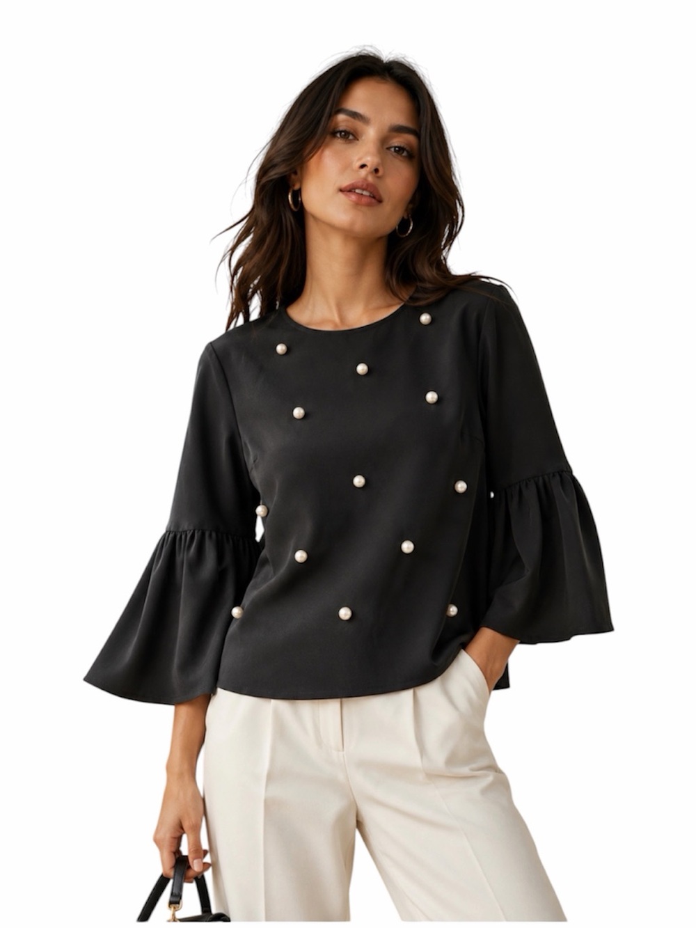 a.n.a Chic Black Blouse with Pearl Accents